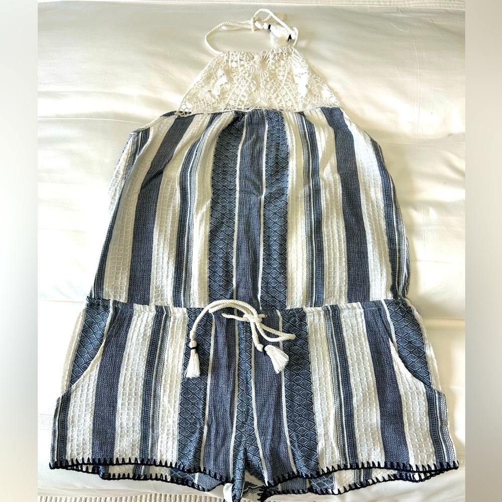 NWT Becca striped romper. Lace back. Size large. Gorgeous coverup! Brand new!